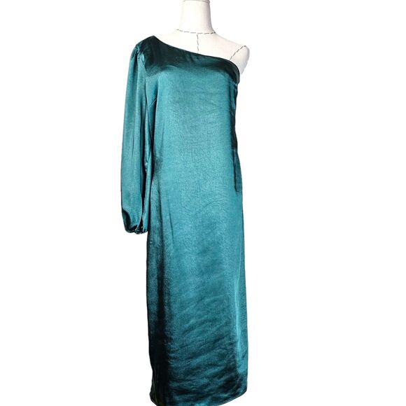 Skies Are Blue‎ Emerald Green One Shoulder Long Sleeve Satin Midi Dress Size M - Picture 1 of 8